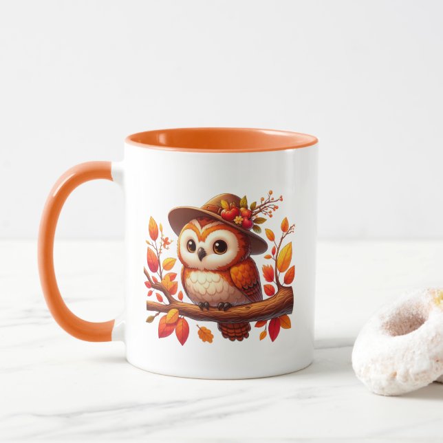 Mug Joli monogramme de hibou saisonnier d'automne (Avec donut)