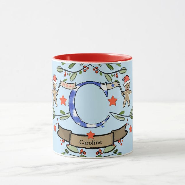 Mug Joli Monogramme de Noël rétro "C" avec le nom (Centre)
