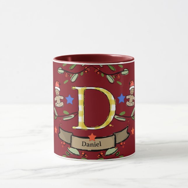 Mug Joli Monogramme de Noël rétro "D" avec le nom (Centre)