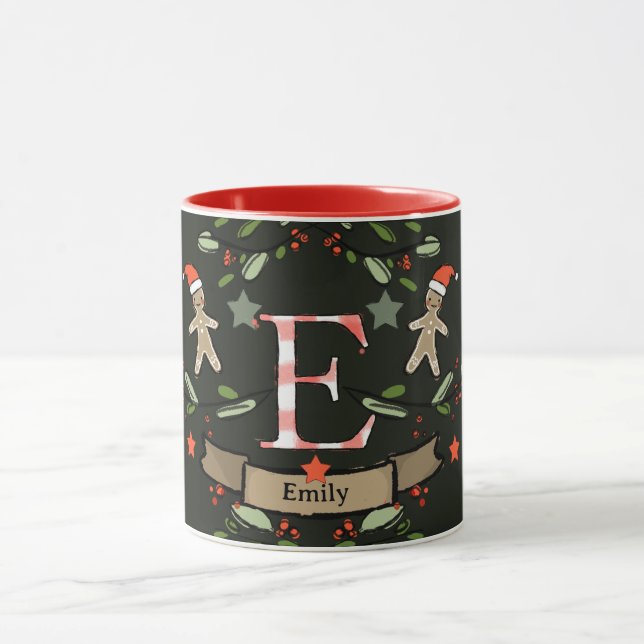 Mug Joli Monogramme de Noël rétro "E" avec le nom (Centre)