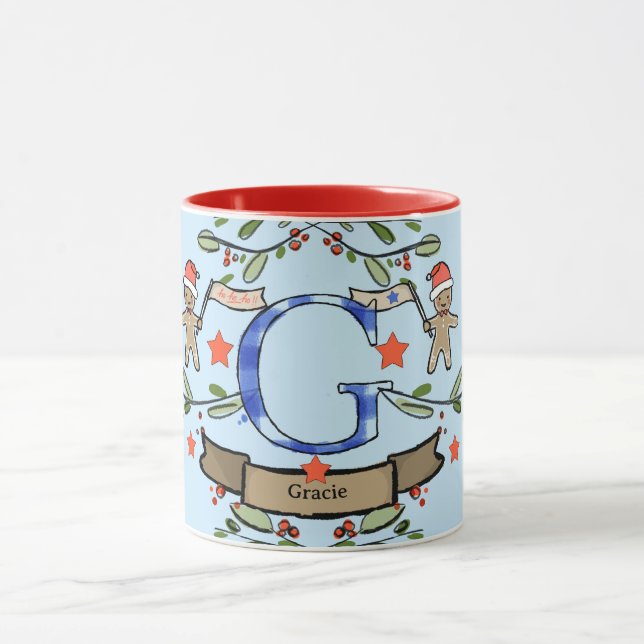 Mug Joli Monogramme de Noël rétro "G" avec le nom (Centre)