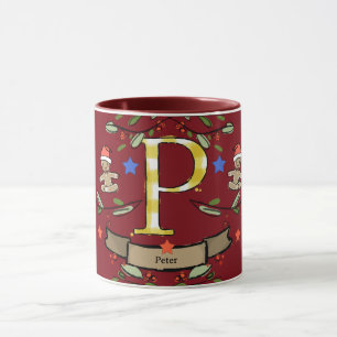 Mug Joli Monogramme de Noël rétro "P" avec le nom