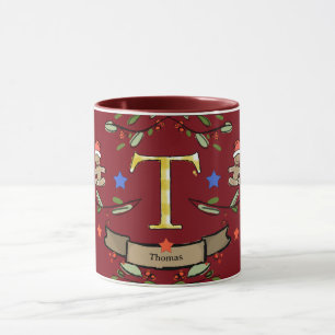 Mug Joli Monogramme de Noël rétro "T" avec le nom