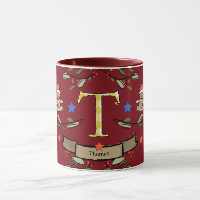 Mug Joli Monogramme de Noël rétro "T" avec le nom (Centre)