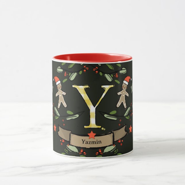 Mug Joli Monogramme de Noël "Y" avec le nom (Centre)