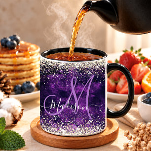 Mug Joli monogramme doré et faux paillettes violet fon