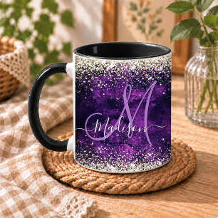 Mug Joli monogramme doré et faux paillettes violet fon