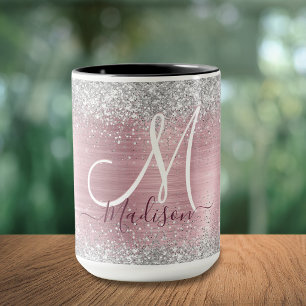 Mug Joli monogramme faux paillettes argent rose carmin