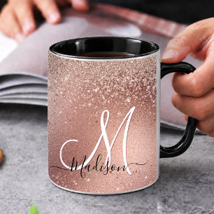 Mug Joli monogramme faux paillettes or rose