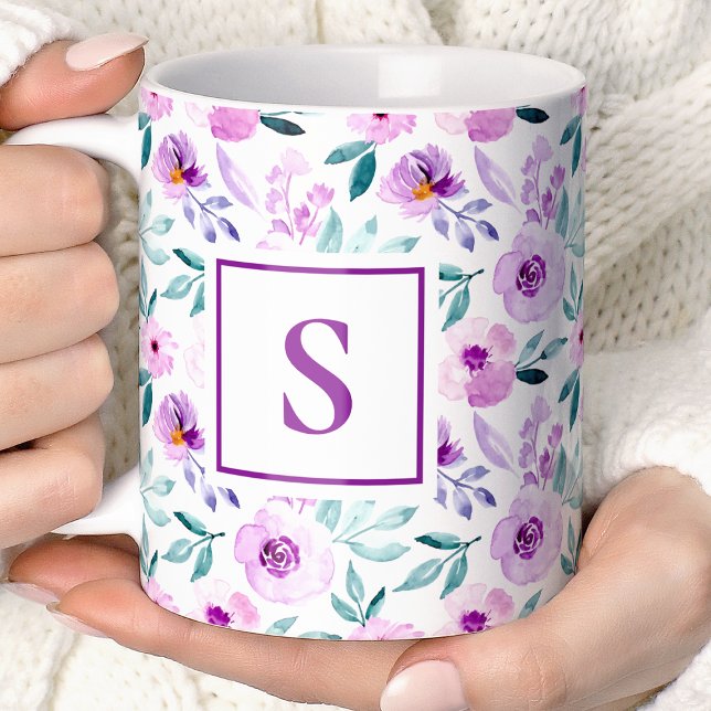 Mug Joli monogramme floral violet pour fille mignonne (Créateur téléchargé)