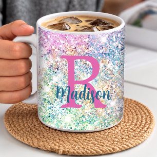 Mug Joli monogramme iridescent licorne rose faux paill