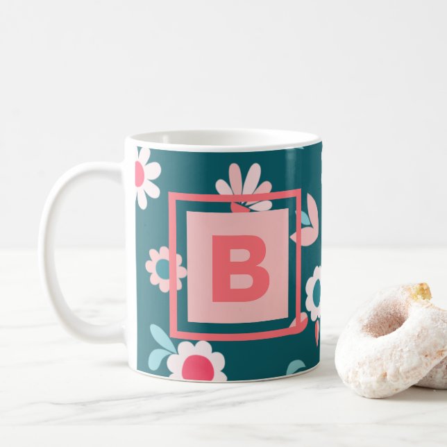 Mug Joli Monogramme moderne rose et Turquoise motif fl (Avec donut)