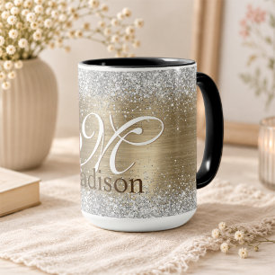 Mug Joli monogramme pailleté faux argent or brossé