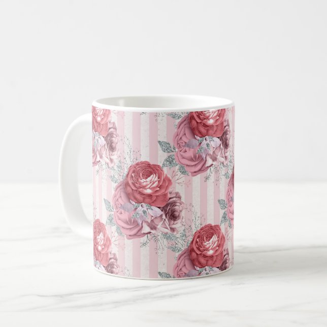 Mug Joli motif floral rayé rose (Devant gauche)