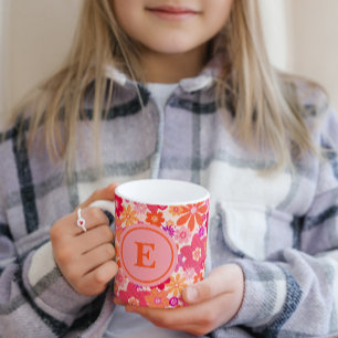 Mug Joli motif floral rétro Orange rose Monogramme