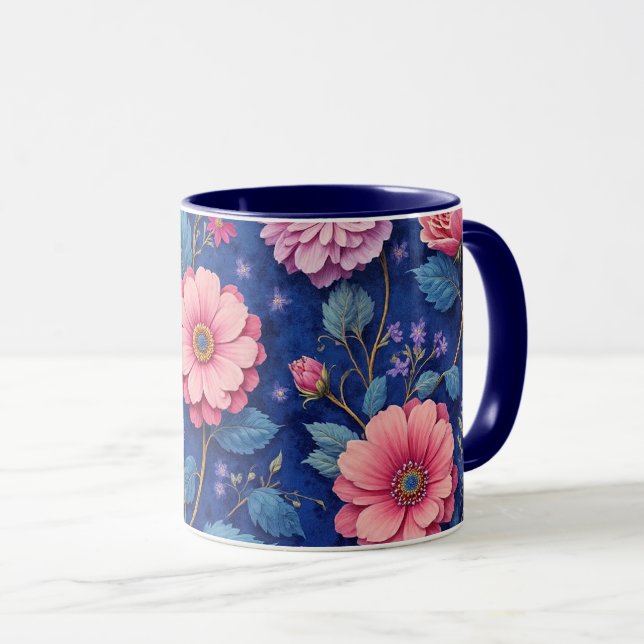 Mug Joli motif floral rose et bleu (Devant droit)