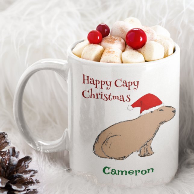 Mug Joli Noël Capybara Animal Santa Hat (This cute capybara Christmas mug features my hand-drawn animal in a Santa Hat and retro typography.)