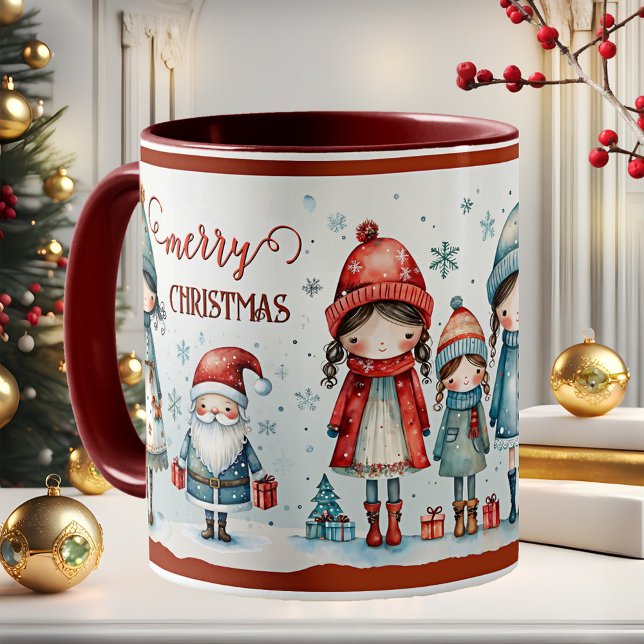 Mug Joli Noël girly et fantaisiste (Christmas mug featuring a whimsical illustration of cute girls and Santa with gifts)