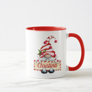 Mug Joli Noël Gnome Rouge Casquette rayé Nom personnal