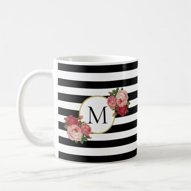 Mug Joli noir blanc rayé Roses Vintages Monogramme (Gauche)