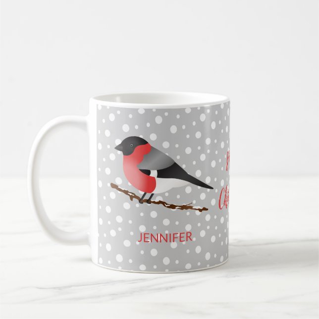 Mug Joli oiseau de Noël Pinson boréal et nom (Gauche)