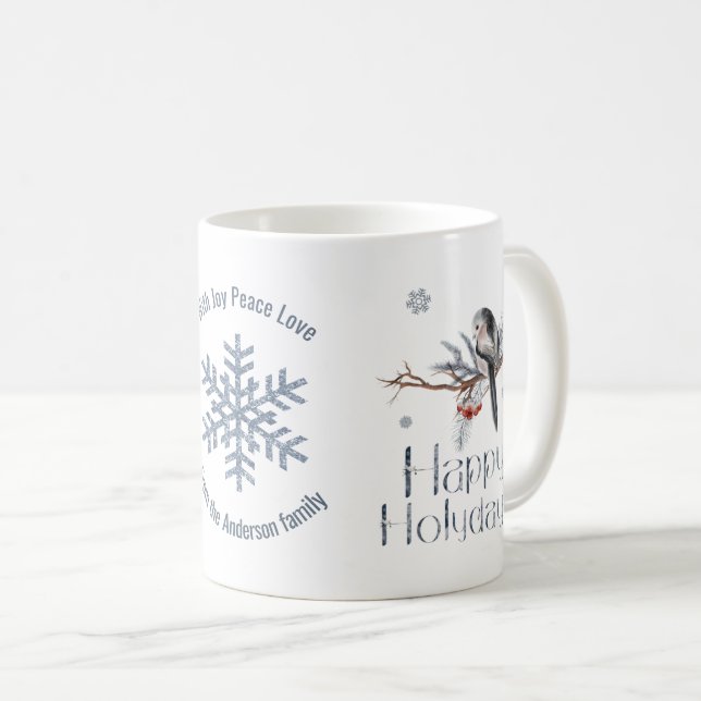 Mug Joli Oiseau Sur Une Branche. Berries rouges. Joyeu (Devant droit)