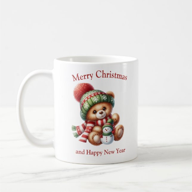 Mug Joli ours en peluche de Noël enlacé bonhomme de ne (Gauche)