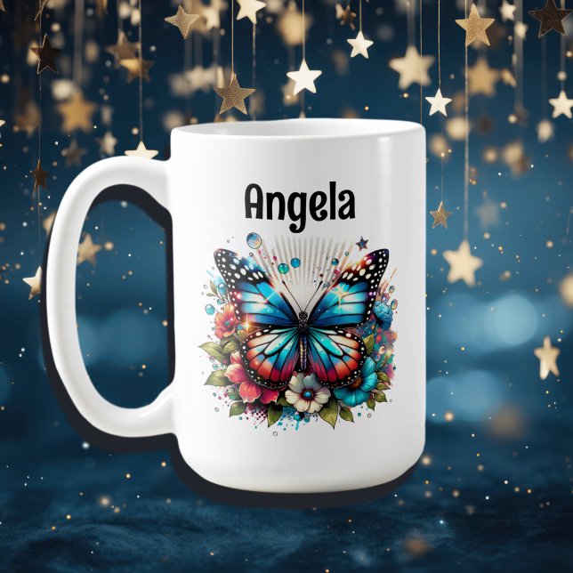 Mug Joli Papillon Bleu et Fleurs Personnalisé (Créateur téléchargé)