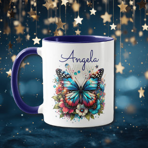 Mug Joli Papillon Bleu et Fleurs Personnalisé