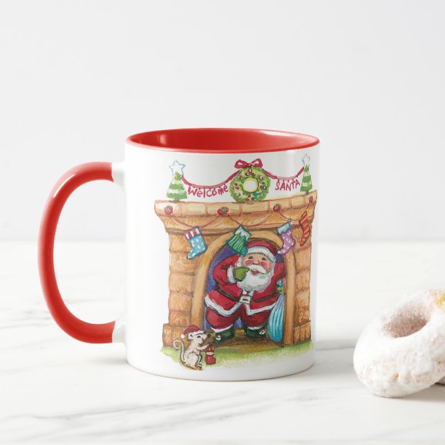 Mug Joli Père Noël de dessin animé descendant la chemi (Avec donut)