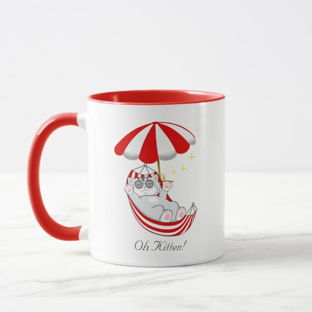 Mug Joli petit chaton dans un hamac rouge et blanc (Gauche)