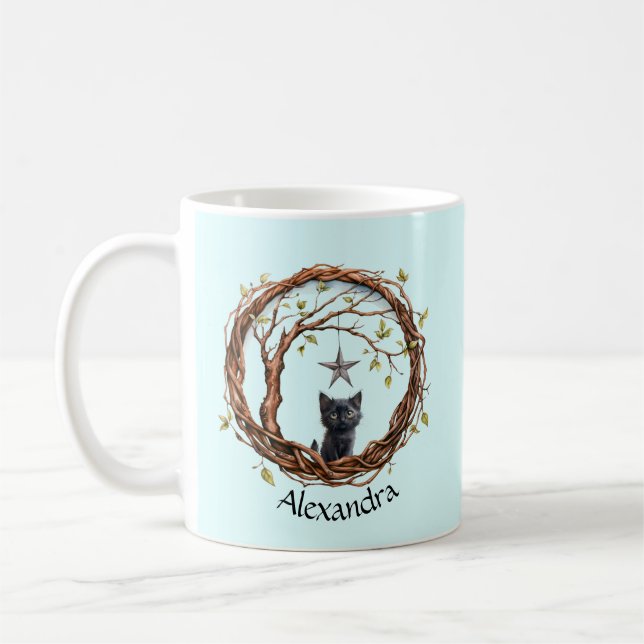 Mug Joli petit chaton noir regardant une étoile (Gauche)