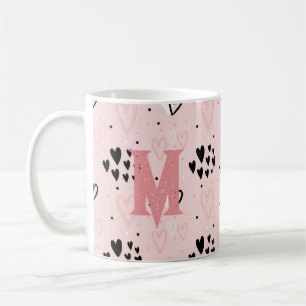 Mug Joli Pink Blush Blanc Coeurs Noirs Monogramme