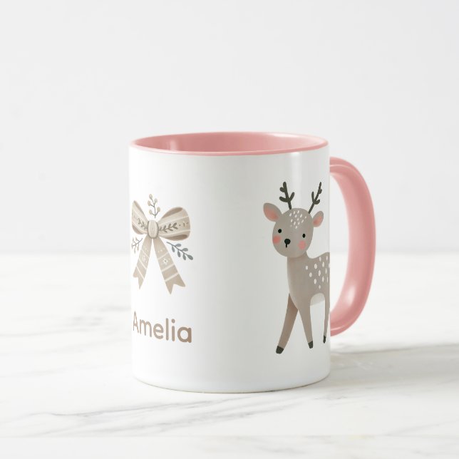Mug Joli Renne & Dessin de Noël au Nom avec Arc (Devant droit)