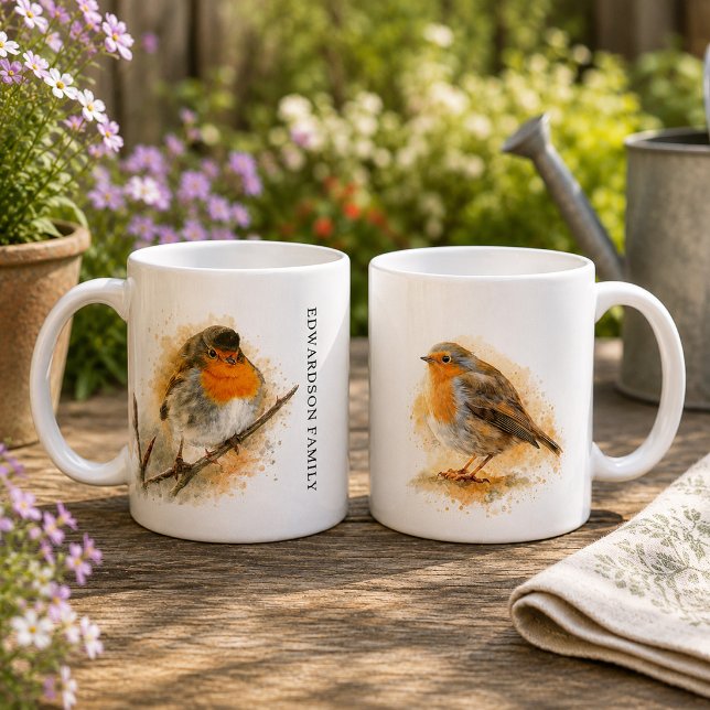 Mug Joli robinet monogrammé aquarelle mignon (Cute watercolor robin bird monogrammed coffee mug. You personal robin bird mug.)