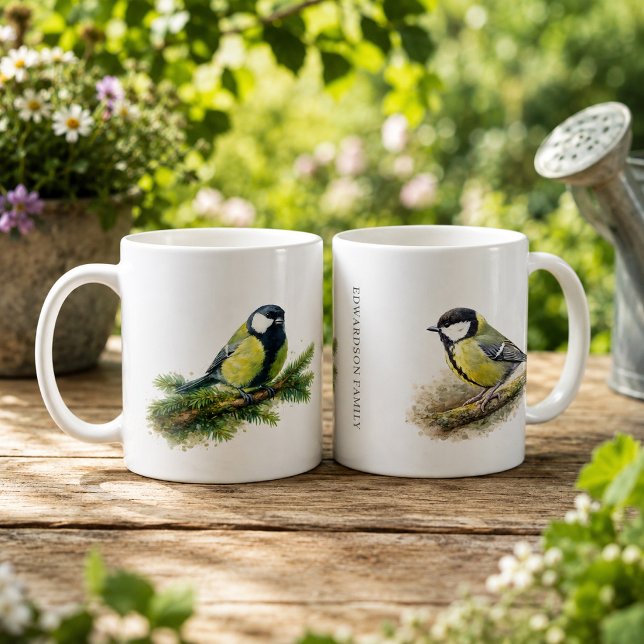 Mug Joli titreau monogrammé de mésange charmant (Cute watercolor great tit bird monogrammed coffee mug. Lovely mug for bird lovers.)