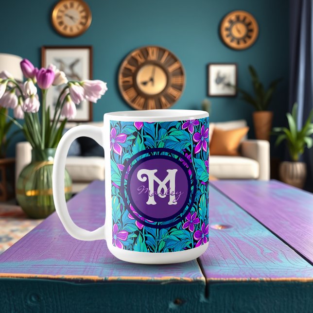 Mug Joli violet et Turquoise bleu floral Personnalisé (Créateur téléchargé)