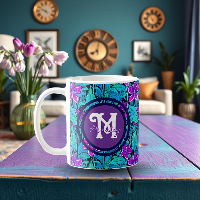 Mug Joli violet et Turquoise bleu floral Personnalisé (Créateur téléchargé)