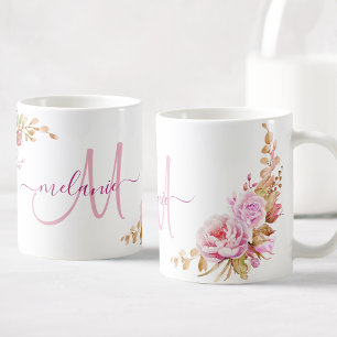 Mug Jolie aquarelle Rose Floral Custom Monogramme