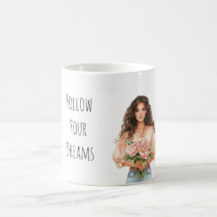 Mug Jolie Dame aux Cheveux Bruns Rêves Floraux Pêche