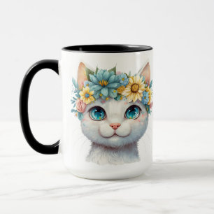 MUG JOLIE FACE CHAT BLANC DE COULEUR D'EAU AVEC FLEURS