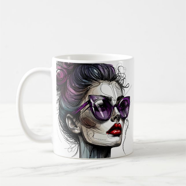 Mug Jolie femme dans les lunettes de soleil et rouge v (Gauche)