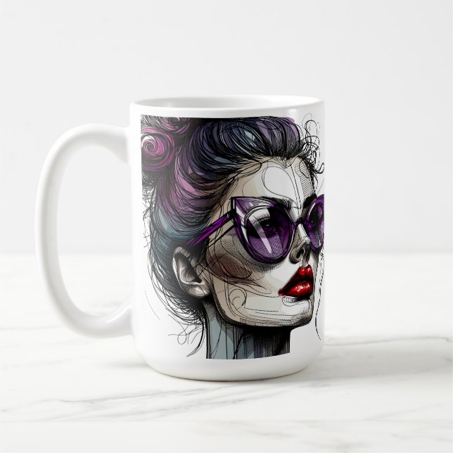 Mug Jolie femme dans les lunettes de soleil et rouge v (Gauche)