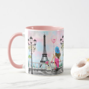 Mug Jolie femme et ballon de coeur rose - I Love Paris