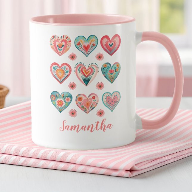 Mug Jolie Fille Aquarelle Saint-Valentin Cœurs (Cute painted watercolor hearts decorate this mug. Personalize it for a fun Valentines Day Gift.)