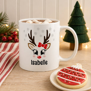 Mug Jolie Fille aux Rennes Rouge Noeud Flocon de Neige