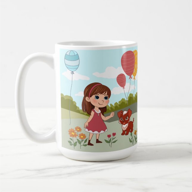 Mug Jolie Fille avec Chien & Ballons  (Gauche)