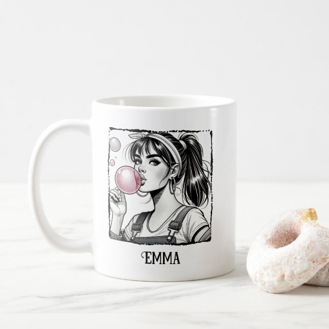 Mug Jolie Fille & Bulle, Bande Dessinée Noir & Blanc,  (Avec donut)