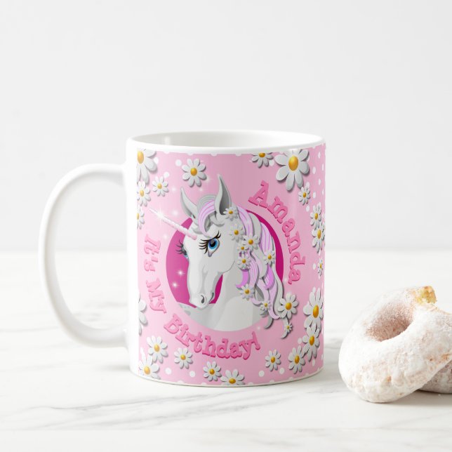 Mug Jolie Filles Roses Personnalisée Unicorn Party (Avec donut)