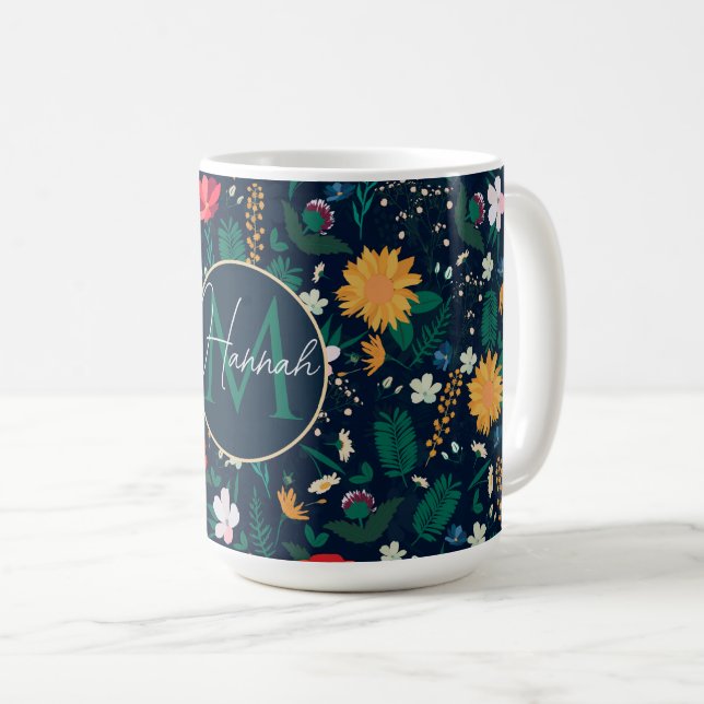 Mug Jolie Fleurs sauvages colorées Design bleu marine (Devant droit)